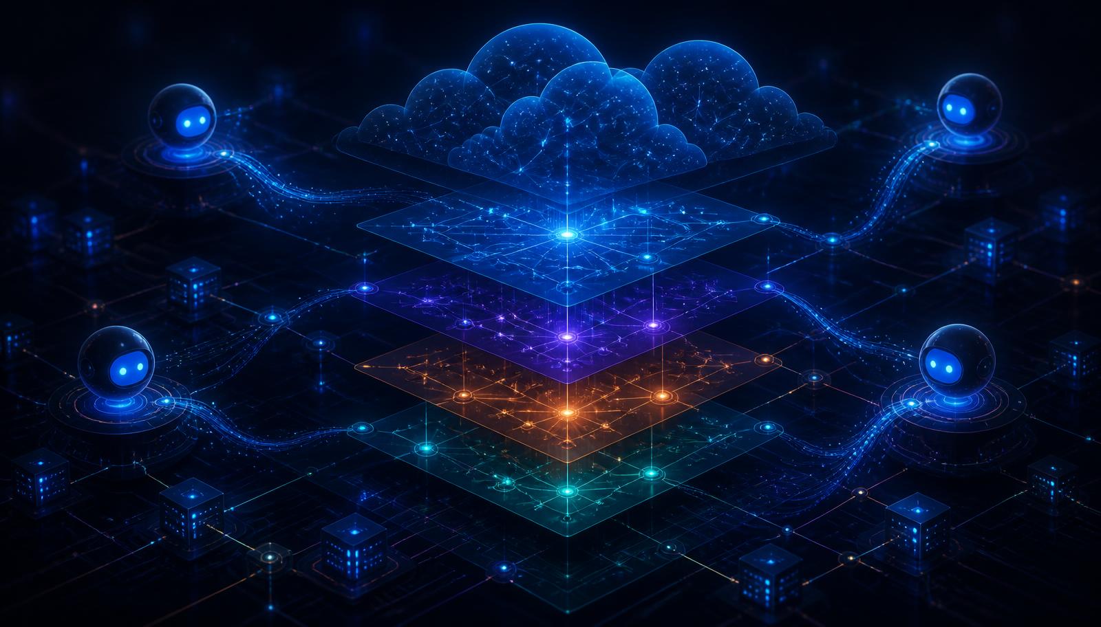Abstracte visualisatie van een multi-tenant platform met AI-agents die klantomgevingen aansturen