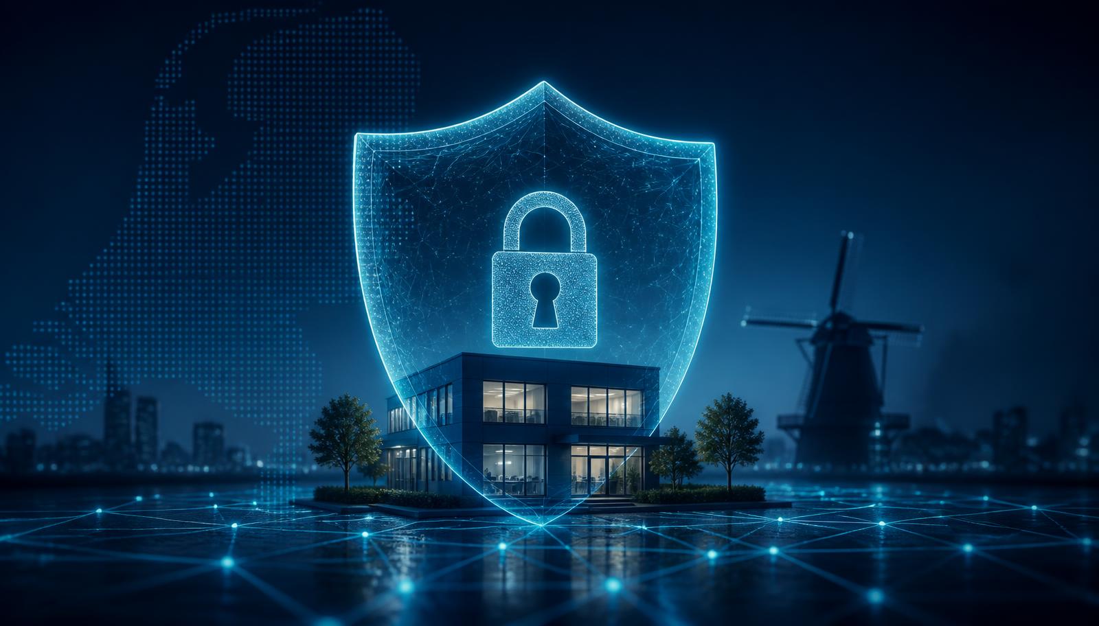 Abstract cybersecurity shield protecting a small business office, dark blue theme